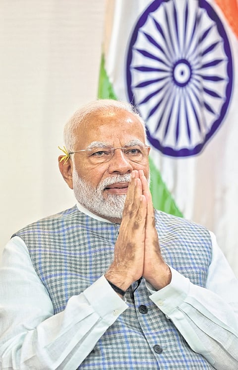 PM Narendra Modi during inauguration and foundation stone laying of various projects in Jharkhand through video conferencing on Sunday.