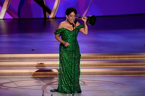 Liza Colon-Zayas accepts the award for outstanding supporting actress in a comedy series for "The Bear" during the 76th Primetime Emmy Awards on Sunday, Sept. 15, 2024, at the Peacock Theater in Los Angeles. 