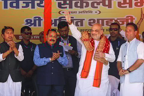 Union Home Minister Amit Shah with Union MoS Jitendra Singh during a public meeting ahead of J&K Assembly elections, in Kishtwar district, Jammu & Kashmir, Monday, Sept. 16, 2024. 