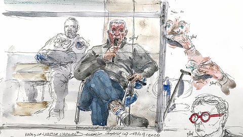 This court sketch created on September 17, 2024, shows defendant Dominique Pelicot during his trial in which he is accused of drugging his wife so he and scores of strangers could rape her at their home in Mazan.