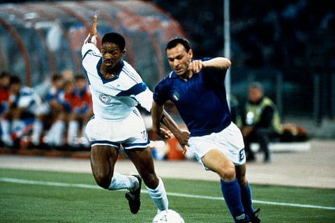 Italy's Salvatore "Toto" Schillaci, right, in action during a World Cup  match between Italy and the United States in Rome in 1990 (Photo | AP)