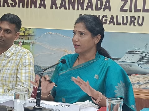 Panel vice-chairperson Pushpa Amarnath addressing press meet in Mangaluru on Wednesday.