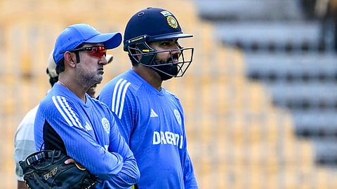 India's head coach Gautam Gambhir (L) and captain Rohit Sharma attend a practice session at the M.A. Chidambaram Stadium in Chennai on September 17, 2024, ahead of their first cricket Test match against Bangladesh.