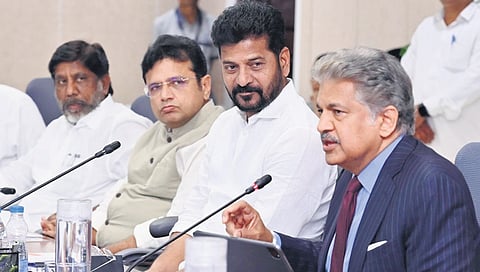 Skill University chairman Anand Mahindra speaks as CM A Revanth Reddy, Deputy CM Mallu Bhatti Vikramarka and IT Minister Sridhar Babu look on, on Thursday