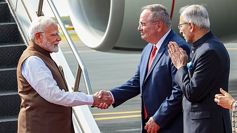 Minister Narendra Modi being welcomed upon his arrival at Philadelphia airport, USA, Saturday.