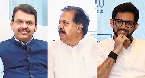 From left: Maharashtra Deputy Chief Minister Devendra Fadnavis, Maharashtra Congress in-charge Ramesh Chennithala, and Shiv Sena (UBT) leader Aditya Thackeray participating in the first edition of The New Indian Express’ Mumbai Dialogues, in Mumbai on Friday.