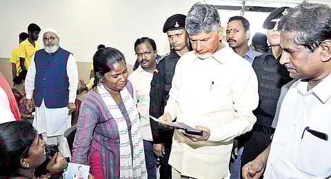 Chief Minister Nara Chandrababu Naidu taking representations from the people 
at the TDP central office in Mangalagiri on Saturday 