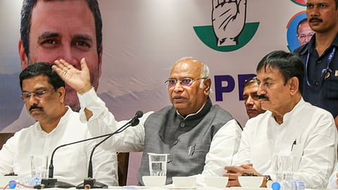Congress chief Mallikarjun Kharge addressing a press conference in Jammu. 