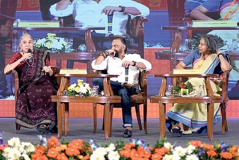 Authors Swapna Liddle (left) and Madhulika Liddle with Ravi Shankar 