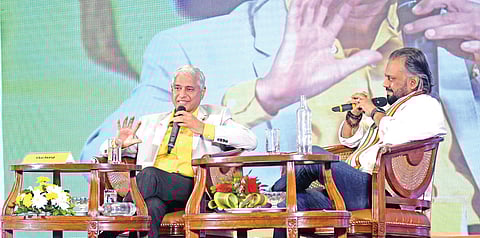 Former diplomat and author Vikas Swarup addressing the gathering on Saturday. Consulting editor of The Sunday Standard Ravi Shankar Etteth is also seen 
