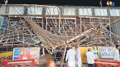 Scaffolding at an under-construction flyover near Ambur railway station on the Chennai-Bengaluru national highway collapsed on Saturday