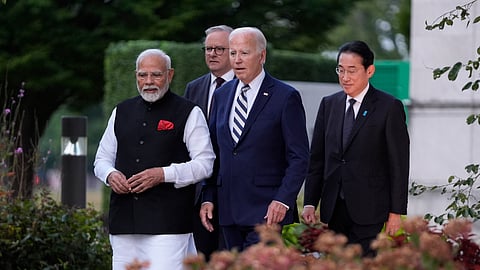 Prime Minister Narendra Modi, US President Joe Biden, joined by Australia's Prime Minister Anthony Albanese and Japan's Prime Minister Fumio Kishida walk out to speak about a Quadrilateral Cancer Moonshot initiative on the sidelines of the Quad leaders summit at Archmere Academy in Claymont, Del., Saturday, Sept. 21, 2024.