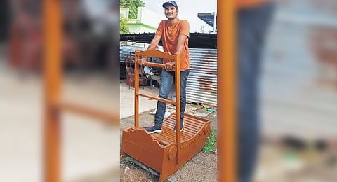 
A Harish, a 29-year-old rural innovator from Katrepale village, Sangem mandal, Warangal district, shows his wooden treadmill
