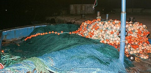 The purse seine fishing net aboard the mechanised boat from Poompuhar seized by the Sri Lankan Navy on Saturday