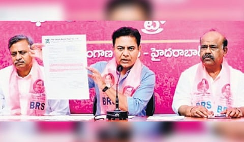 BRS working president 
KT Rama Rao speaks during a press meet on Saturday