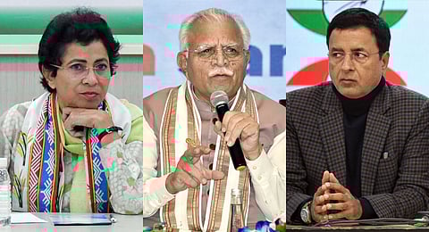 A collage of BJP leader and former Haryana CM Manohar Lal Khattar (C) and Congress leaders Kumari Selja (L) and Randeep Singh Surjewala (R). 