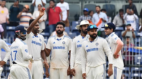 Ravichandran Ashwin shows the ball after taking 5-wicket haul on the fourth day of the first Test cricket match between India and Bangladesh, at MA Chidambaram Stadium in Chennai, Sunday, Sept. 22, 2024