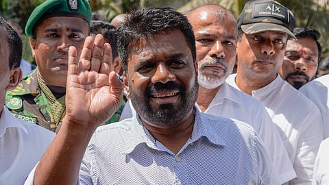 Leader and the presidential candidate of National People's Power Anura Kumara Dissanayake leaves a polling station after casting his vote in Colombo, Sri Lanka, Saturday, Sept. 21, 2024.