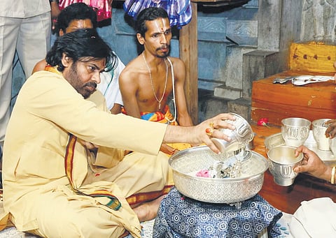 Deputy Chief Minister Pawan Kalyan takes up Prayaschitta Deeksha at Sri Dasavatara Venkateswara Swamy temple in Nambur on Sunday 