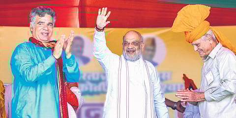 Home Minister Amit Shah at a poll rally in Nowshera on Sunday.