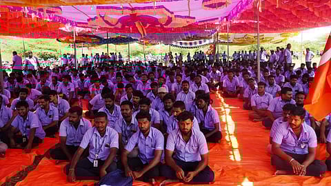 Samsung workers take part in a strike demanding higher wages and better working conditions at Sriperumbudur, Tamil Nadu.