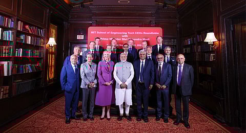 Prime Minister Narendra Modi during a roundtable meeting with MIT School of Engineering Tech CEOs, in New York, Sunday, Sept. 22, 2024.