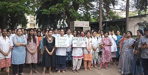 Professors and Medicos of  Rangaraya Medical College staged a protest on the college campus on Monday demanding the arrest of JSP MLA Nanaji and his followers. 