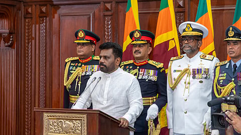 Commanders of the security forces stand behind as Sri Lanka's new president Anura Kumara Dissanayake, addresses a gathering after he was sworn in at the Sri Lankan President's Office in Colombo, Sri Lanka.