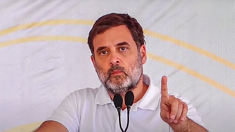 Leader of Opposition in Lok Sabha and Congress leader Rahul Gandhi speaks during a public meeting for Jammu & Kashmir Assembly elections, at Surankote.