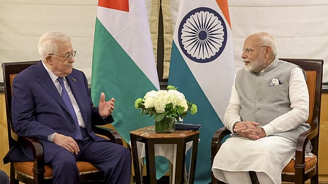 Prime Minister Narendra Modi with Palestine's President Mahmoud Abbas during a meeting, in New York on Sunday.