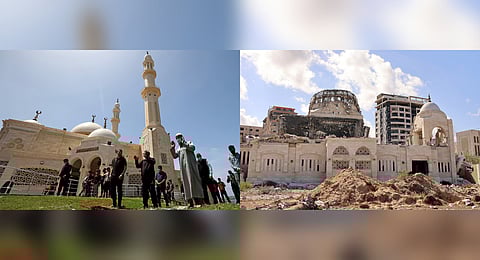 (L) Muslim worshippers in face masks performing the weekly Friday prayers outside the landmark Hassaina Mosque in Gaza City during Ramadan on April 23, 2021; and (R) a view of the destroyed mosque on September 22, 2024 amid the ongoing war in the Palestinian territory between Israel and Hamas.