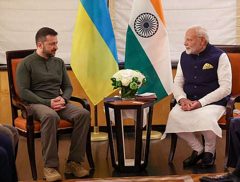 Prime Minister Narendra Modi with President Volodymyr Zelenskyy of Ukraine during a meeting, in New York.