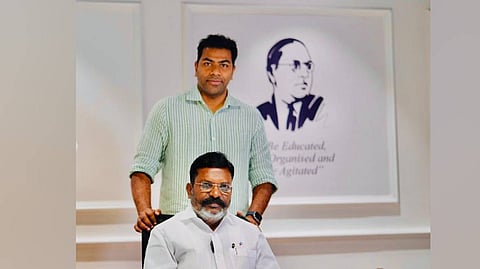 VCK’s deputy general secretary Aadhav Arjuna with its president Thol Thirumavalavan 