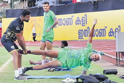 Brazilian footballer and Thiruvananthapuram Komban’s captain Patrick Silva Mota during a physiotherapy session at Chandrasekharan Nair Stadium on Tuesday