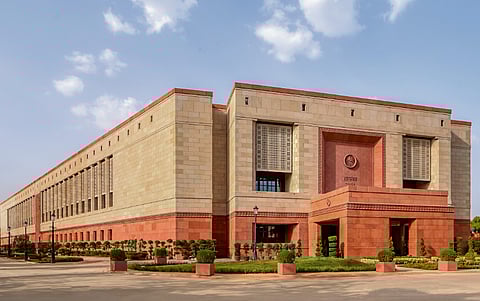 A view of the parliament building during its monsoon session in New Delhi.