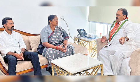 Panchayat Raj and Rural Development Minister D Anasuya (Seethakka) and Khanapur MLA Vedma Bhojju Patel meet Mohammed Ali Shabbir, adviser to Telangana government, at the Secretariat in Hyderabad on Monday