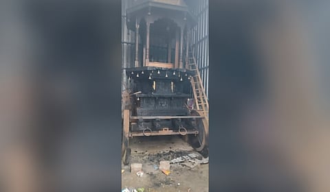 Temple chariot gutted in fire in Hanakanahal village of Kanekal Mandal, Anantapur district in Andhra Pradesh
