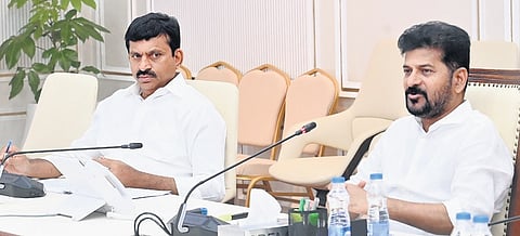 Chief Minister A Revanth Reddy addresses officials of the Housing department during a review meeting at the Secretariat in Hyderabad on Wednesday