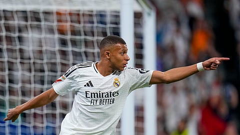 Real Madrid's Kylian Mbappe celebrates during the match between Real Madrid and Alaves at Santiago Bernabeu stadium in Madrid, Spain