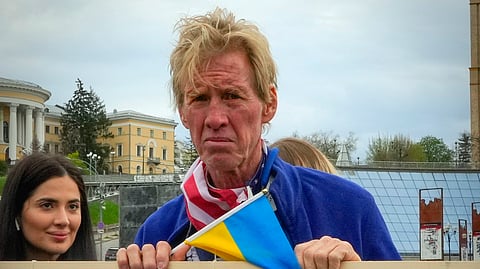 Ryan Wesley Routh takes part in a rally in central Kyiv, Ukraine, Saturday, April 30, 2022.
