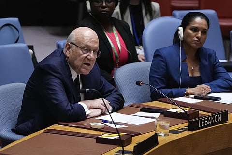 Lebanon's Prime Minister Najib Mikati speaks during a meeting of the Security Council, Wednesday, Sept 25, 2024, at UN headquarters.