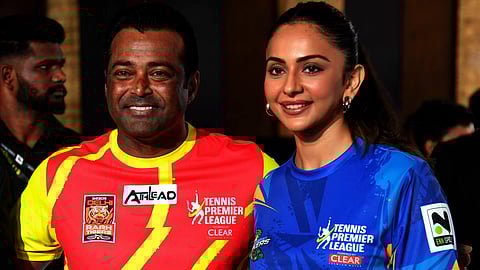 Delhi Shrachi Sports Endure Pvt Ltd. brand ambassador Leander Paes with Hyderabad Strikers owner Rakul Preet Singh during the Tennis Premier League 2024 auction, in Mumbai, Wednesday, Sept. 25, 2024.