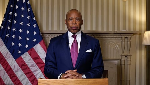 This image taken from video released by New York City Office of the Mayor, Wednesday, Sept. 25, 2024, shows mayor Eric Adams speaking during a videotaped statement.