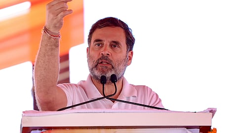 Rahul Gandhi speaking at an election rally at Assandh in Haryana. 