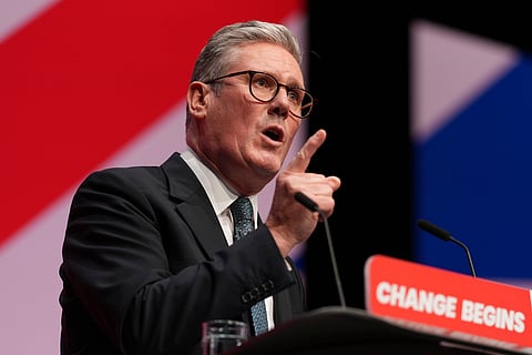 Britain's Prime Minister Keir Starmer addresses members at the Labour Party Conference in Liverpool, England,