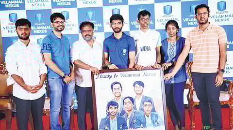 D Gukesh, R Praggnanandhaa and R Vaishali being felicitated by Velammal Nexus in Chennai after India's victory in the Chess Olympiad