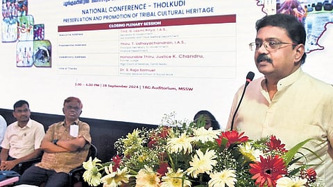 Finance Secretary T Udhayachandran at a national conference organised by Adi Dravidar and Tribal Welfare Department on Saturday
