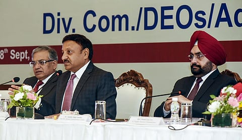 Chief Election Commissioner Rajiv Kumar with Election Commissioners Gyanesh Kumar and Sukhbir Singh Sandhu hold a continuation review meeting with Maharashtra's top officials on the poll preparations ahead of the State Assembly elections, in Mumbai on Saturday. 