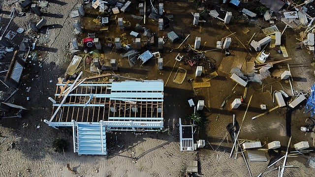 Foundations and steps to buildings that were destroyed by the storm surge from Hurricane Helene are seen along the shoreline in the aftermath of the storm, in Cedar Key, Florida.