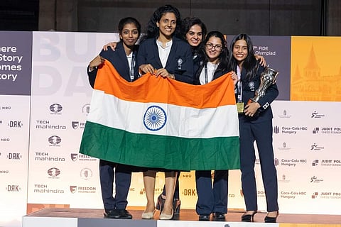 R Vaishali (left) with her Chess Olympiad teammates.